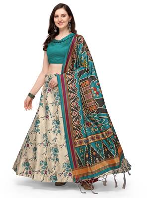 Cream printed silk unstitched lehenga 1