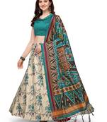 Cream printed silk unstitched lehenga