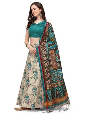 Cream printed silk unstitched lehenga 2