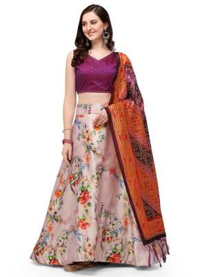 Pink printed silk unstitched lehenga 1