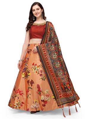 Orange printed silk unstitched lehenga 1