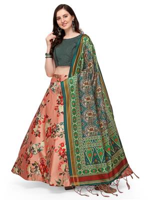 Peach printed silk unstitched lehenga 1