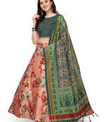 Peach printed silk unstitched lehenga