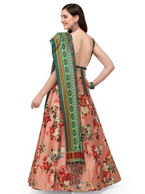 Peach printed silk unstitched lehenga 2