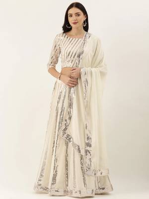 White Embroidered Semi-Stitched Lehenga & Unstitched Blouse with Dupatta 1
