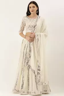 White Embroidered Semi-Stitched Lehenga & Unstitched Blouse with Dupatta