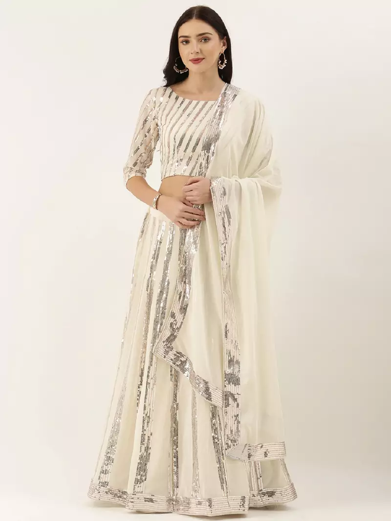 White Embroidered Semi-Stitched Lehenga & Unstitched Blouse with Dupatta
