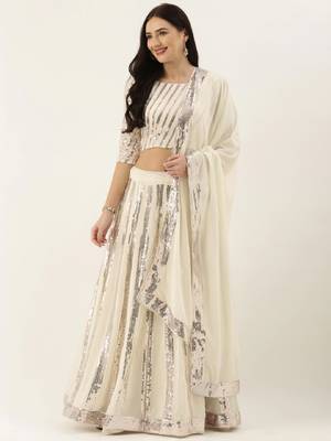 White Embroidered Semi-Stitched Lehenga & Unstitched Blouse with Dupatta 2