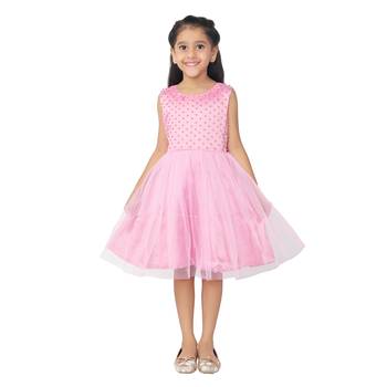 Pink embroidered faux net kids-frocks 1