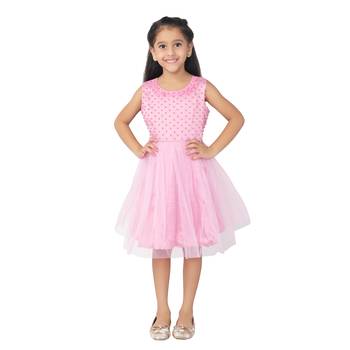 Pink embroidered faux net kids-frocks 2