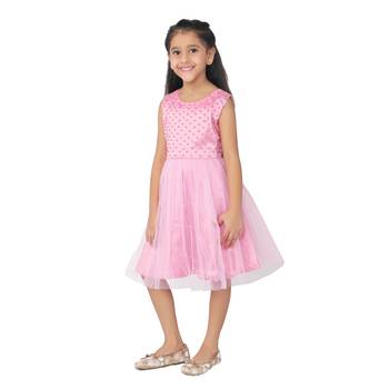 Pink embroidered faux net kids-frocks 3