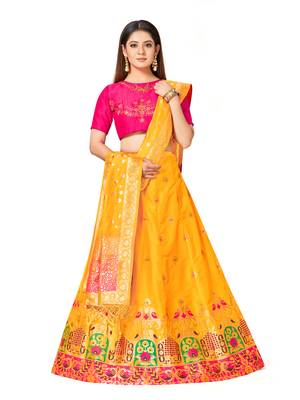 gold art silk semi stitched zari woven   Choli & lehenga ghagra with dupatta 1