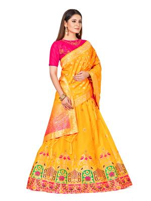 gold art silk semi stitched zari woven   Choli & lehenga ghagra with dupatta 2
