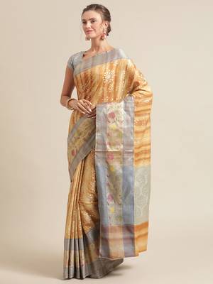 Mustard silk woven saree with blouse 3