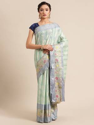 green silk woven saree with blouse 1
