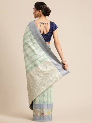 green silk woven saree with blouse 2