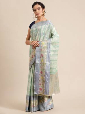 green silk woven saree with blouse 3