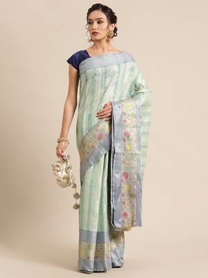 green silk woven saree with blouse 4