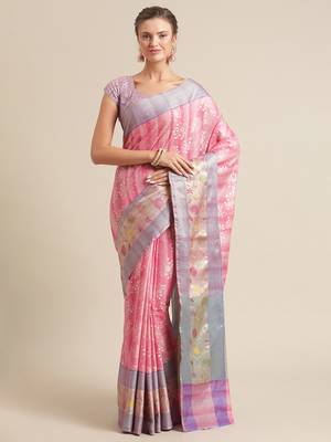 Pink silk woven saree with blouse 1