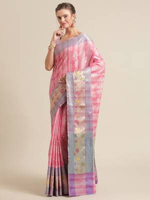 Pink silk woven saree with blouse 3