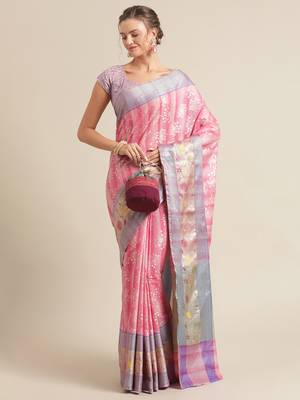 Pink silk woven saree with blouse 4