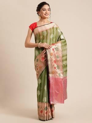 Green silk woven saree with blouse 1