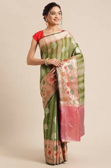 Green silk woven saree with blouse