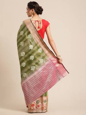 Green silk woven saree with blouse 2