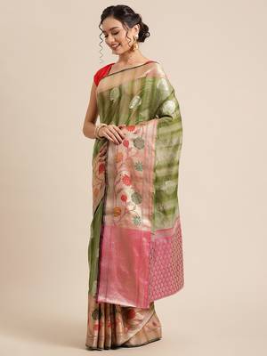 Green silk woven saree with blouse 3