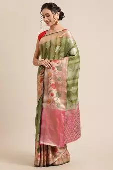 Green silk woven saree with blouse