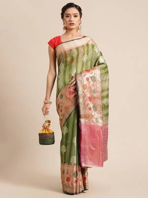 Green silk woven saree with blouse 4