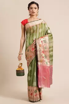 Green silk woven saree with blouse