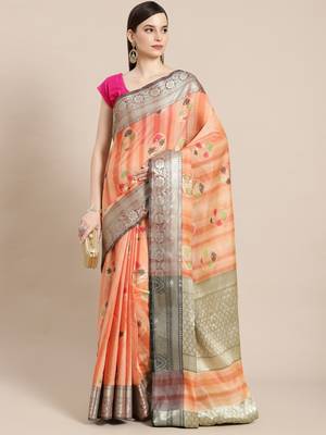 Peach silk woven saree with blouse 1