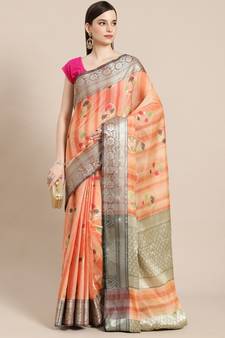 Peach silk woven saree with blouse