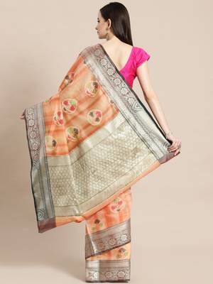 Peach silk woven saree with blouse 2