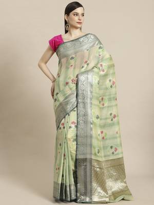 green silk woven saree with blouse 1