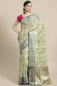green silk woven saree with blouse