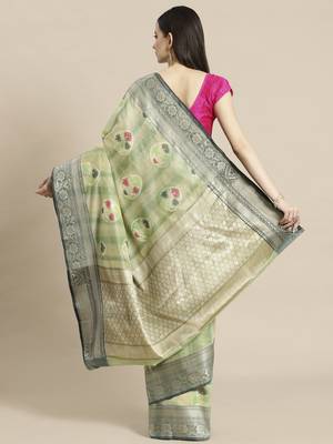 green silk woven saree with blouse 2