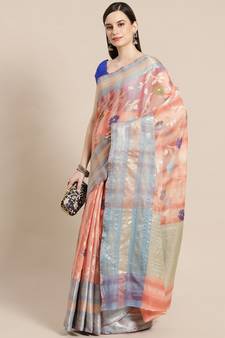 Peach silk woven saree with blouse