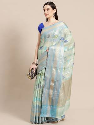 blue silk woven saree with blouse 1
