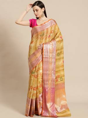 Mustard silk woven saree with blouse 1
