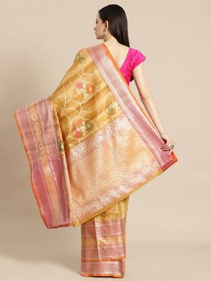Mustard silk woven saree with blouse 2