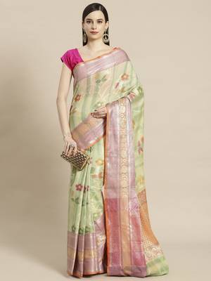 green silk woven saree with blouse 1