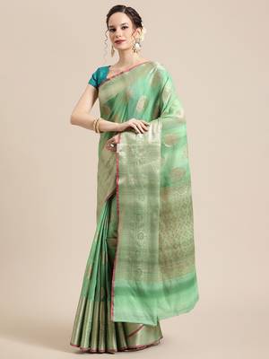 Green silk woven saree with blouse 3