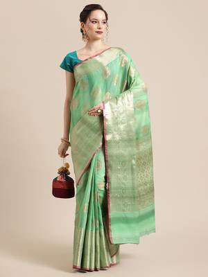 Green silk woven saree with blouse 4