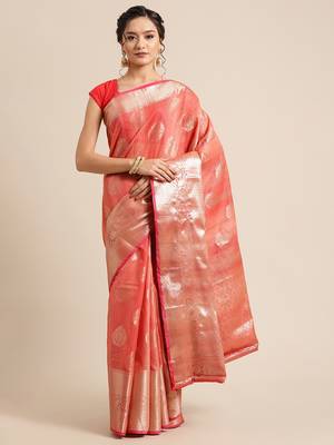 Red silk woven saree with blouse 1