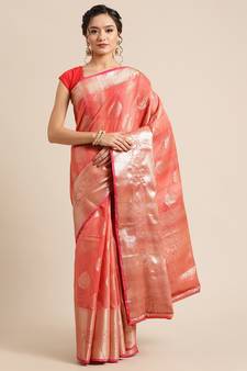 Red silk woven saree with blouse
