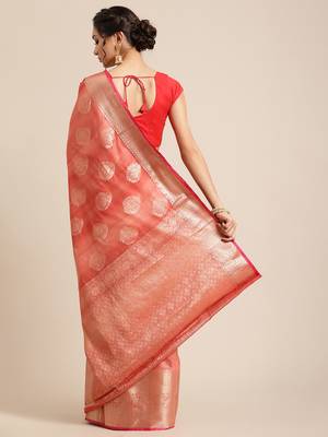 Red silk woven saree with blouse 2