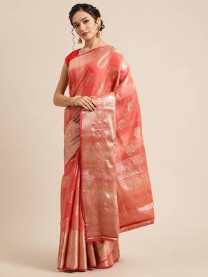 Red silk woven saree with blouse 3
