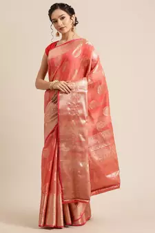 Red silk woven saree with blouse